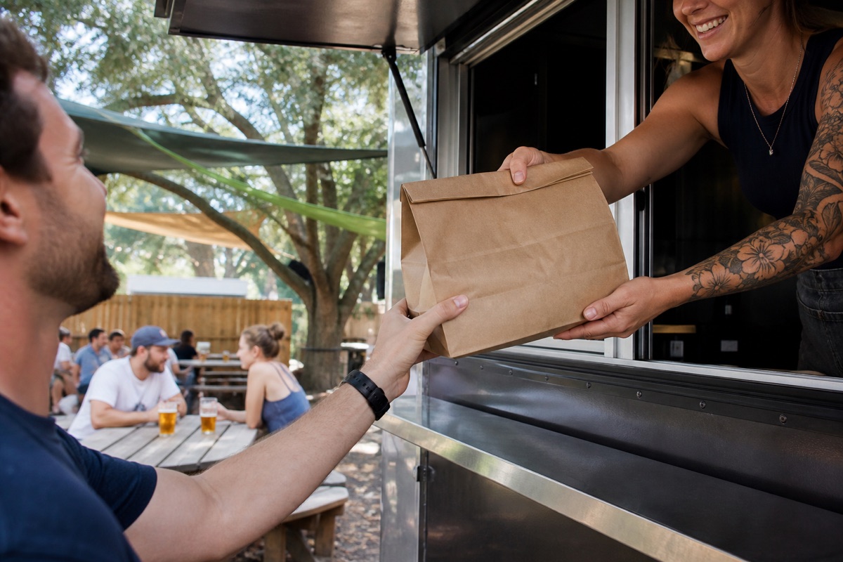 A food-truck worker hands a takeout bag to a customer on a shaded brewery patio