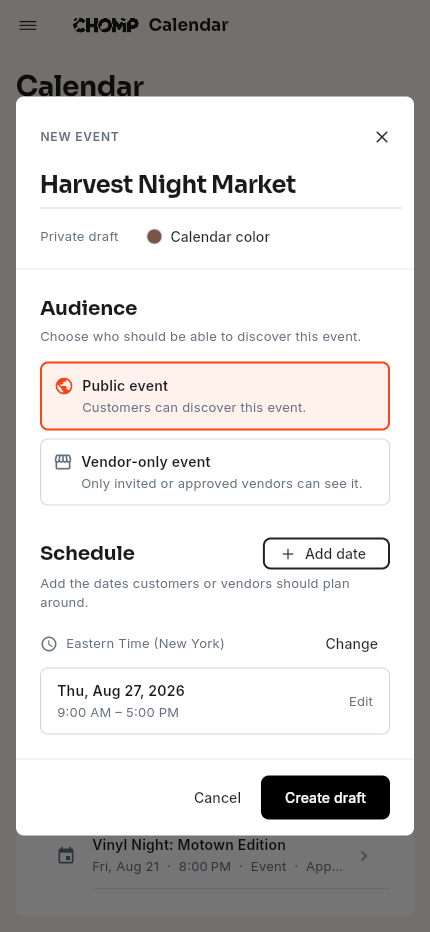 A populated Chomp create-event dialog showing the event name, audience, and August 27 schedule