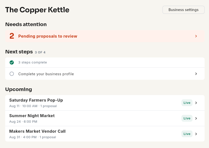 The Chomp brewery dashboard showing pending proposals and upcoming events
