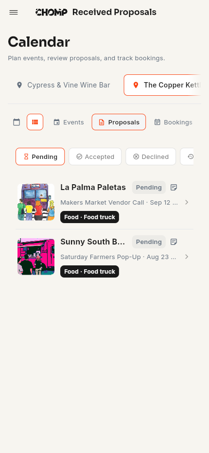 The Chomp pending-proposals inbox showing two food-truck applicants and their event details