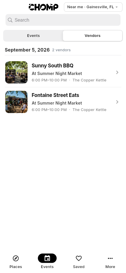 The Chomp customer schedule showing the food trucks serving at an upcoming brewery event