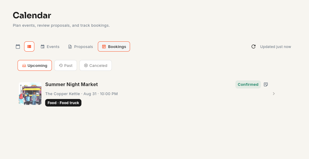 The Chomp food-truck booking schedule showing a confirmed brewery date, service time, and status